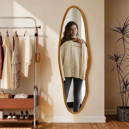 Irregular Full Length Mirror 63x18 in with Solid Wood Frame - Asymmetrical Wall Mirror