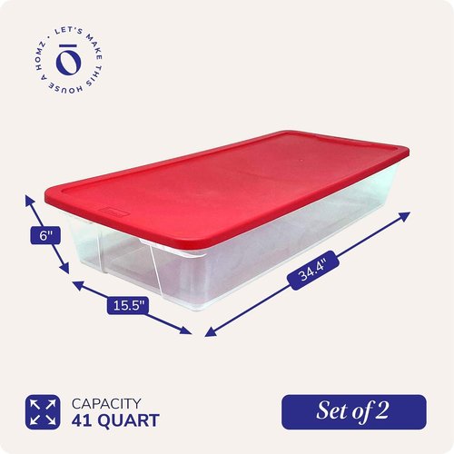 HOMZ Holiday Tote Bins - Clear Plastic Storage Organizers with Lids, 41 Quart, Red | Stackable for Christmas Decor & Crafts