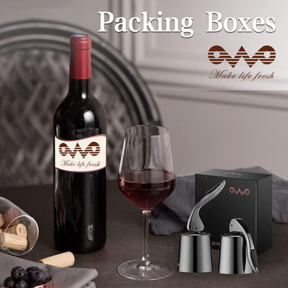 OWO Stainless Steel Wine Bottle Stopper, Reusable Wine Saver with Silicone Seal, Decorative Bottle Sealer, Keeps Fresh (Metal Black, 2 Pack)