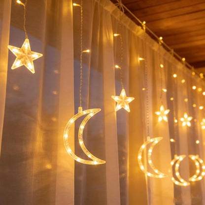 Dazzle Bright Ramadan Curtain String Lights - 138 LED Warm White Star & Moon Design | 8.2 FT Waterproof Decor