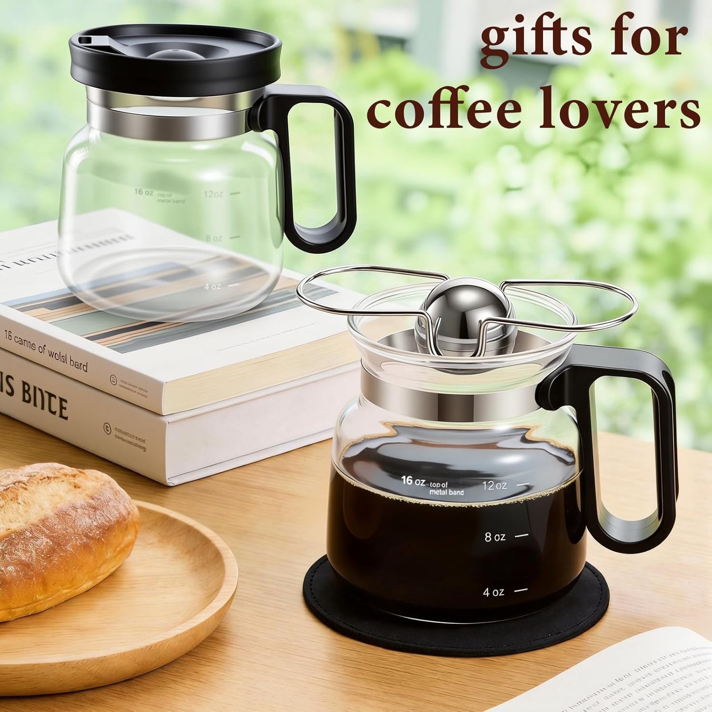 Skiennix Coffee Pot Mug - 16-Ounce Glass Mini Cup with Spill-Proof Lid & Stainless Steel Chilling Ball | Perfect Gift for Coffee Lovers