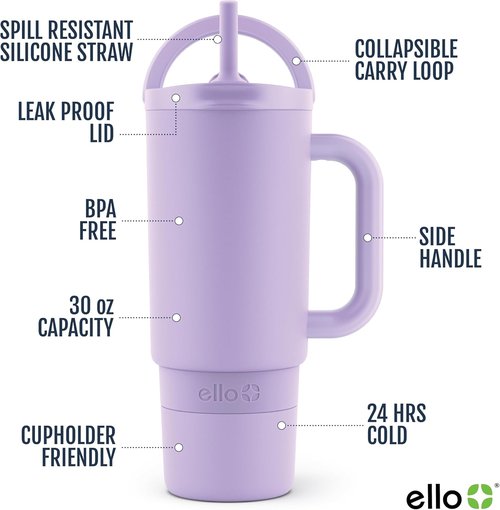 Ello Port 30oz Tumbler - Vacuum Insulated Stainless Steel Travel Mug with Carry Loop & Handle | Lilac