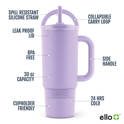 Ello Port 30oz Tumbler with Carry Loop & Integrated Handle | Vacuum Insulated Stainless Steel Reusable Water Bottle Travel Mug | Leak Proof Lid | Flexible Straw | BPA-Free | Dishwasher Safe | Lilac