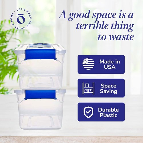 HOMZ Clear Plastic Storage Bins - 5-Pack Latching Lid Organizers, 7.5 Quart, Blue Latch | Stackable for Home & Office