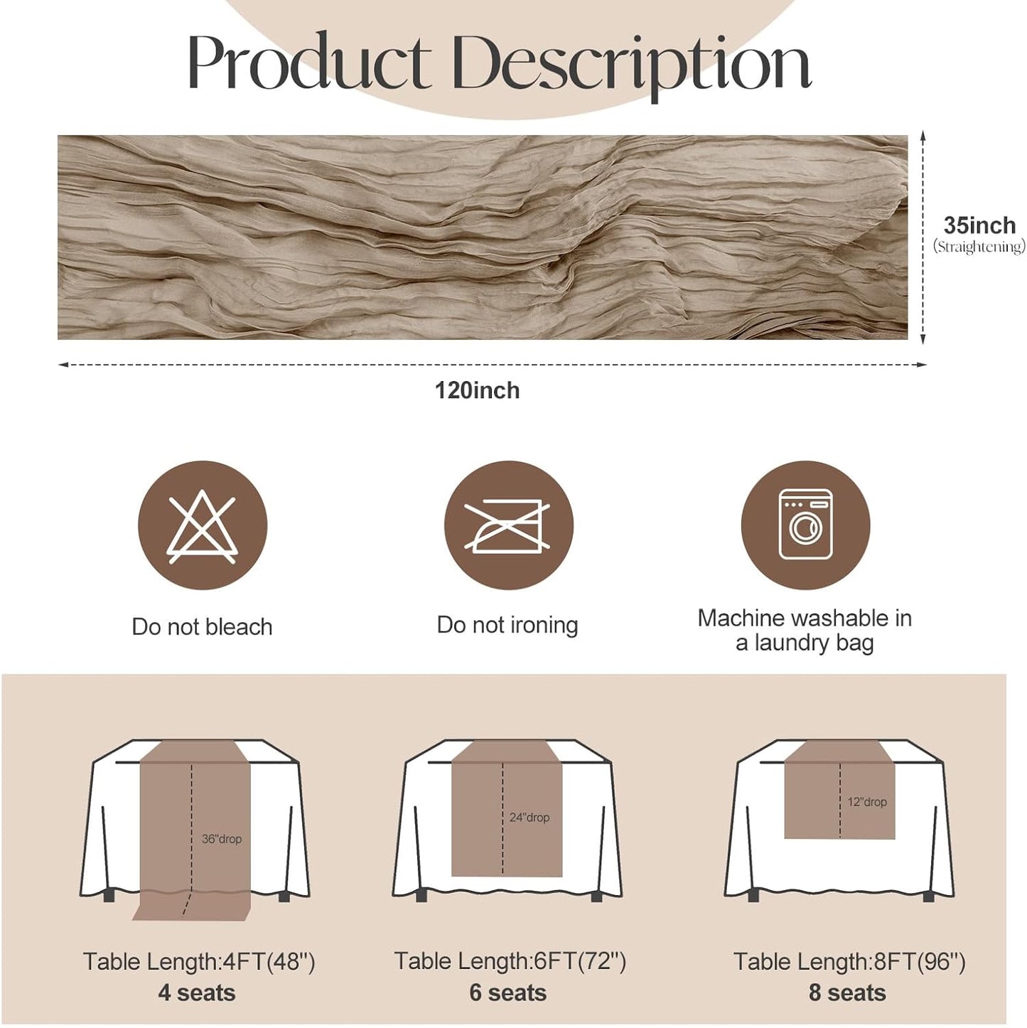 Skiennix Nude Cheesecloth Table Runner - 120 Inch Boho Rustic Decor for Weddings & Parties
