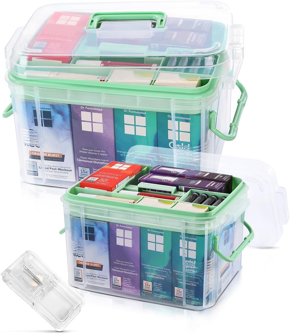 Skiennix Medicine Organizer Storage Box - 2 Pack Clear Portable Pill Splitter with Lids & Labels