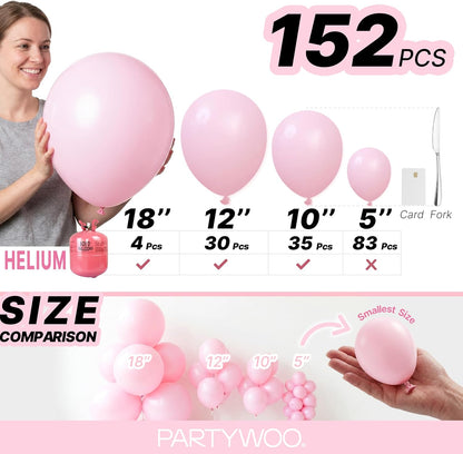 PartyWoo Light Pink Balloon Arch Kit - 152pcs in Various Sizes for Baby Showers & Birthday Parties
