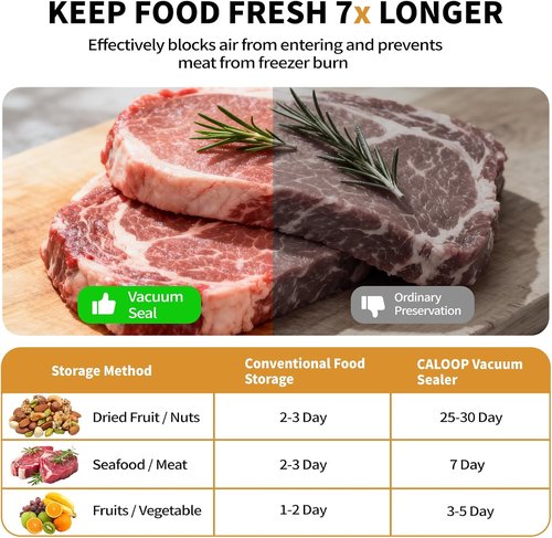 CALOOP Food Vacuum Sealer Machine - Powerful 80 Kpa Food Saver with 20 Seal Bags & Digital Timer | Compact Design
