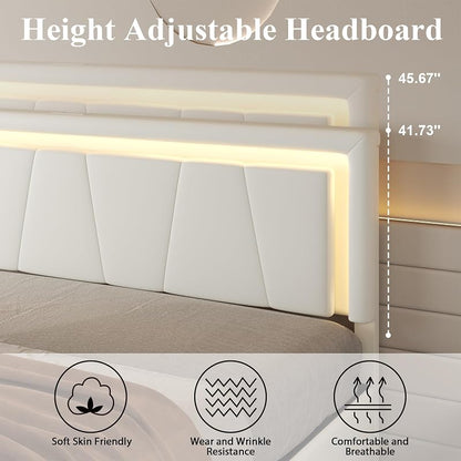 Full Size Bed Frame with 4 Storage Drawers, Upholstered Headboard, White - Variation: White+Full