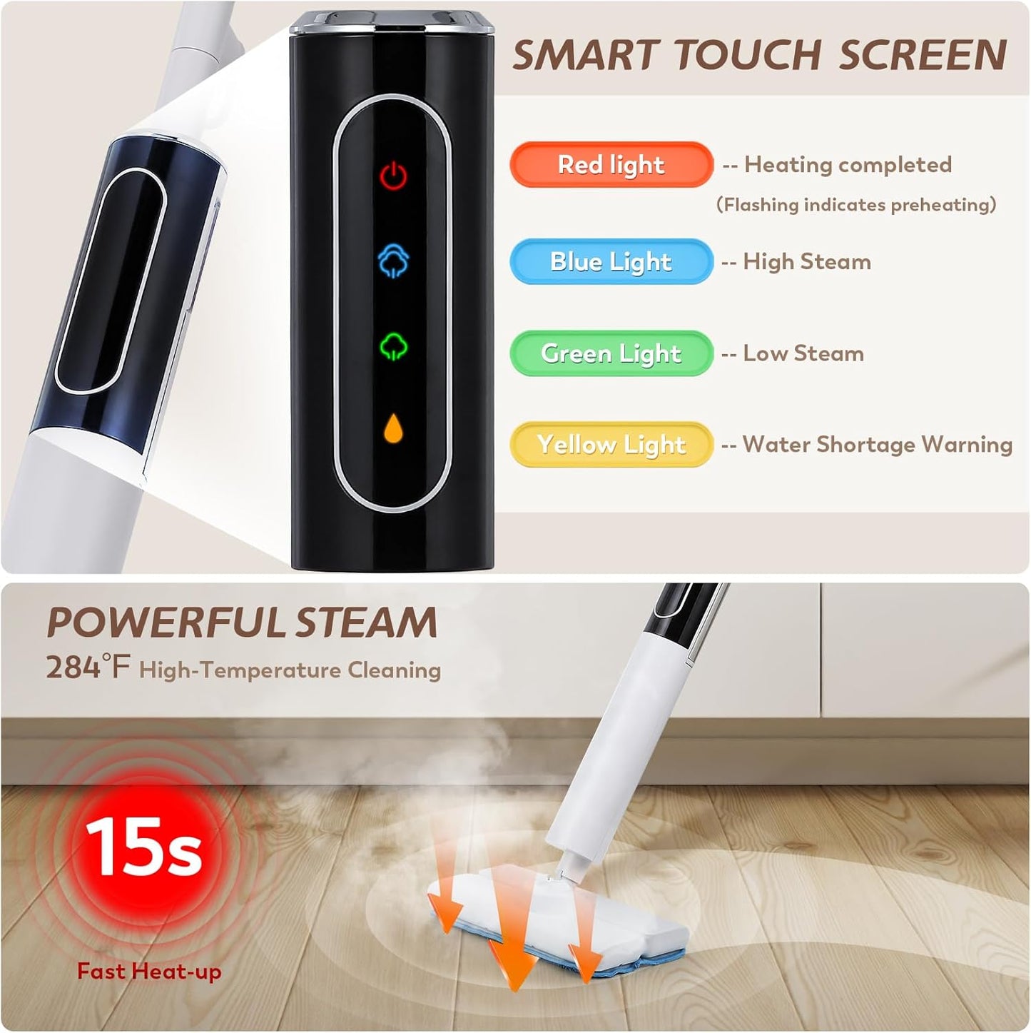 Skiennix Steam Mop - 3 Steam Modes & Quick 15s Heat-Up | 284℉ Powerful Cleaning for Wood, Marble, Tile & Hardwood Floors - 3 Mop Pads Included