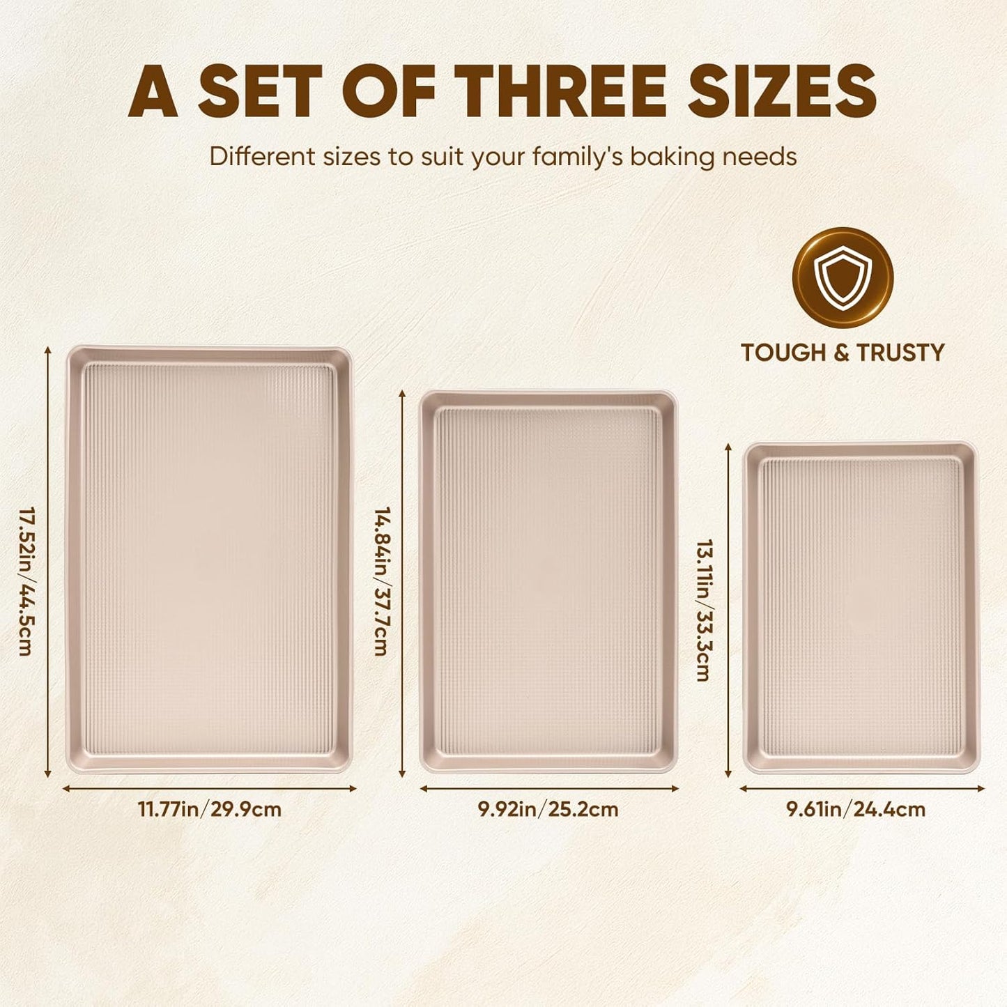 Sakerplus Nonstick Baking Sheet Pan Set - Heavy Duty Cookie Sheets, Rust-Resistant, Easy Clean | 3-Piece Set in Champagne Gold