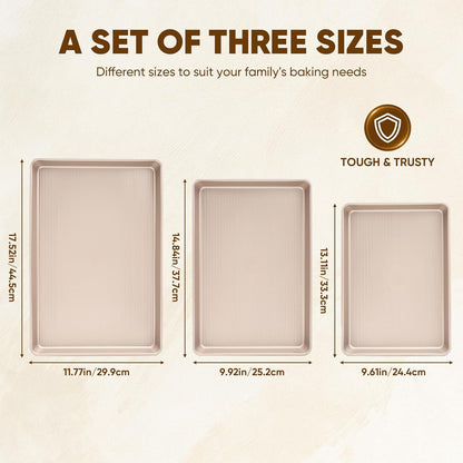 Sakerplus Nonstick Baking Sheet Pan Set - Heavy Duty Cookie Sheets, Rust-Resistant, Easy Clean | 3-Piece Set in Champagne Gold