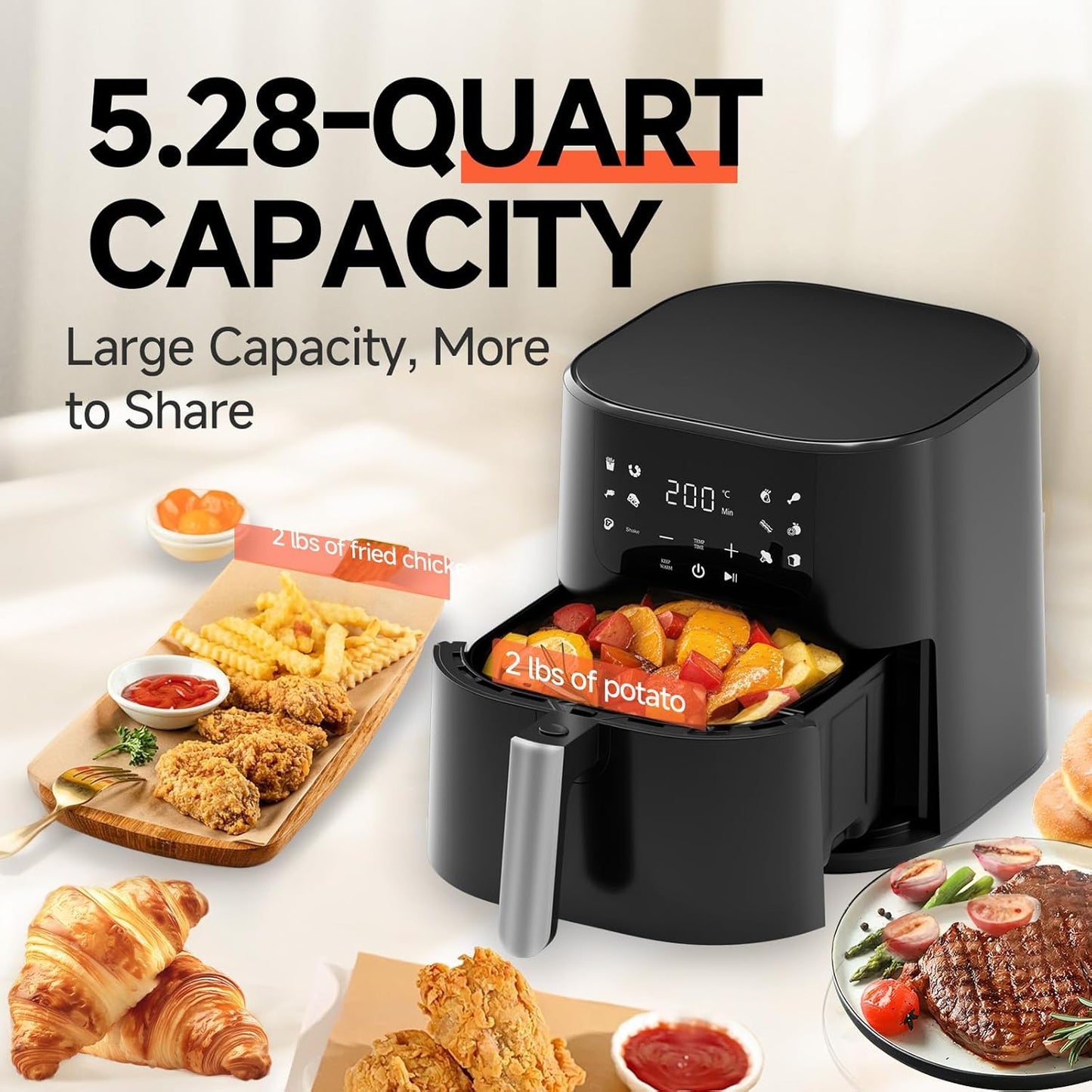 QIDO Air Fryer - 8-in-1 Multi-Cooker with 5 QT Capacity & Precision Heating | Dark Black Finish