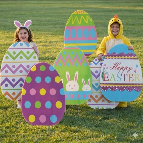 GIFTEXPRESS 6-Pack Giant Easter Egg Yard Signs - Large Spring Party Decorations with Metal Stakes