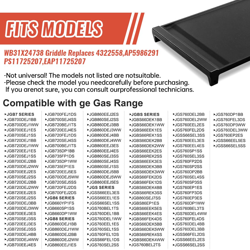 Upgraded WB31X24738 Griddle Replacement for GE Gas Stove, WB31X24998 Cast Iron Center Pan for Gas Range Parts Stove Top Pan Griddle Cooktop