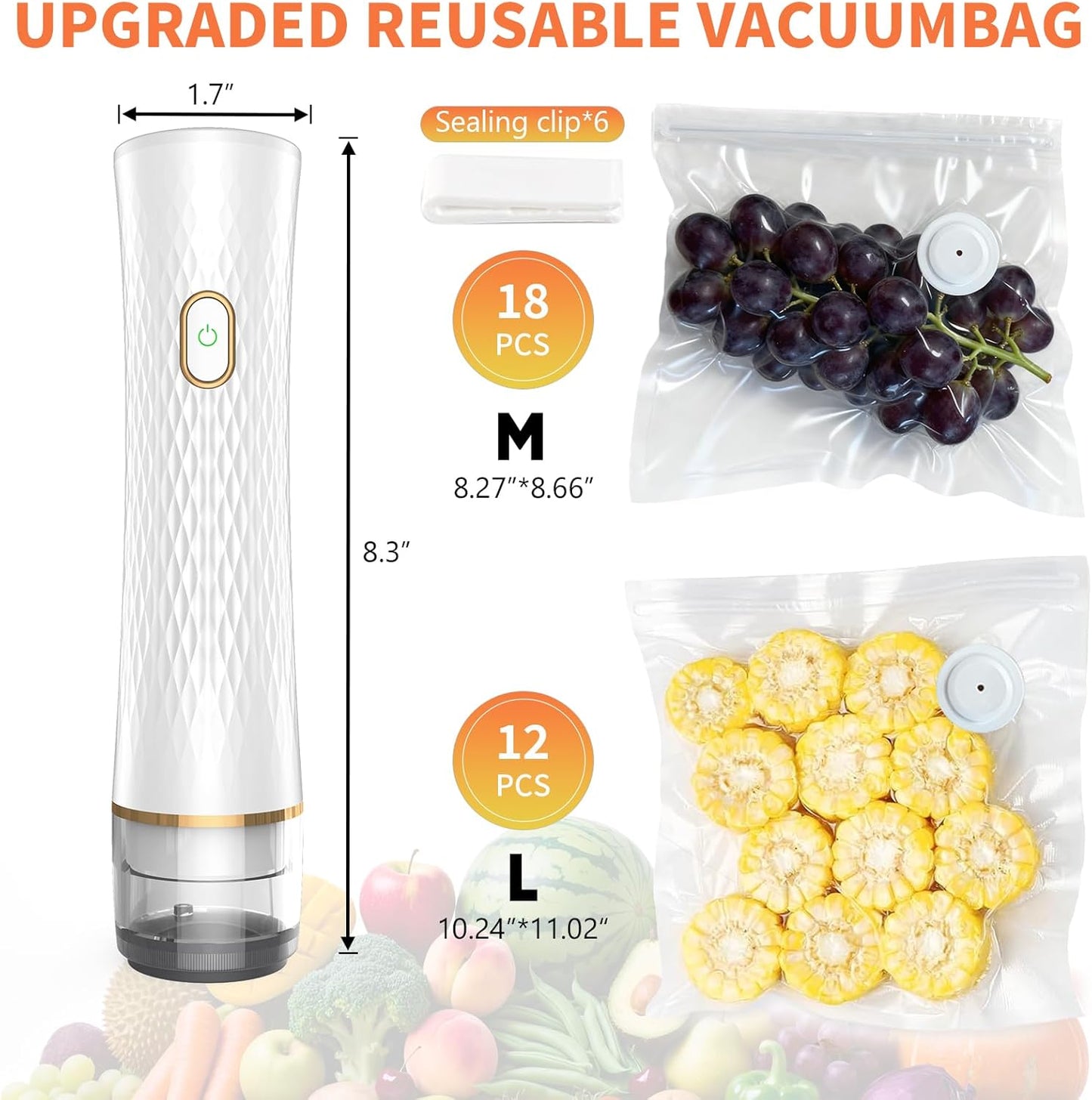Skiennix Vacuum Sealer - Cordless & Rechargeable Food Saver with Strong Suction | 30 Reusable Bags Included