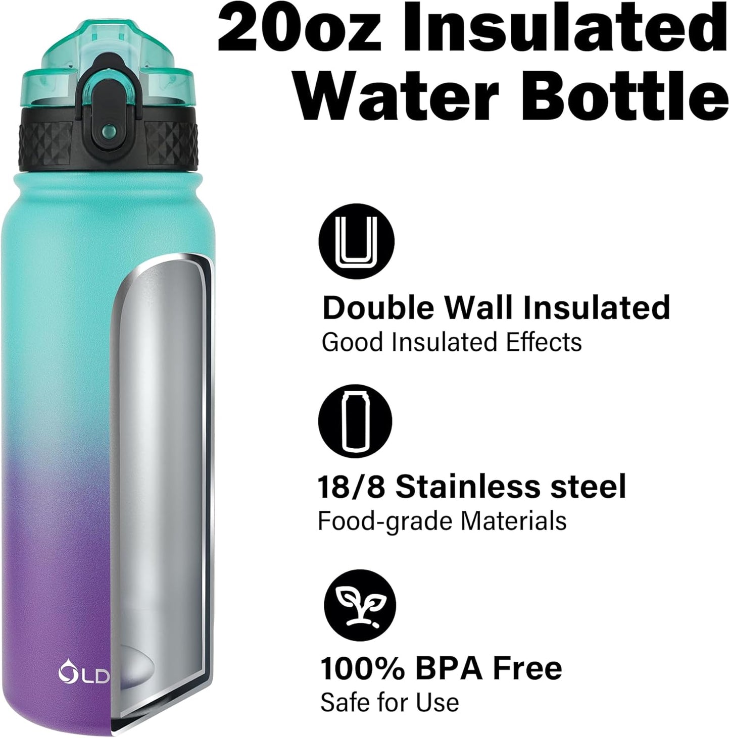 Oldley Insulated Water Bottle - 20oz Stainless Steel with 3 Lids | Leak-Proof Design for School & Travel - Green/Purple