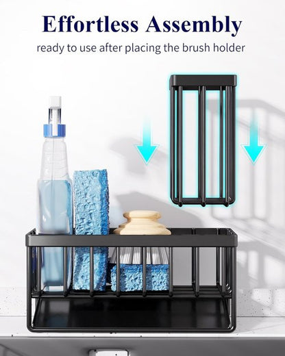 Kitsure Sponge Holder | Rustproof Stainless Steel Sink Caddy for Organized Kitchen - 7.9" x 3.7" x 6.2", Black