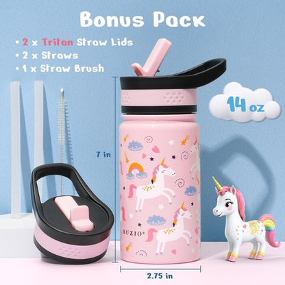 BUZIO Kids Water Bottle - Insulated 14oz Stainless Steel Thermo Cup with Straw Lid | Pink Unicorn Design
