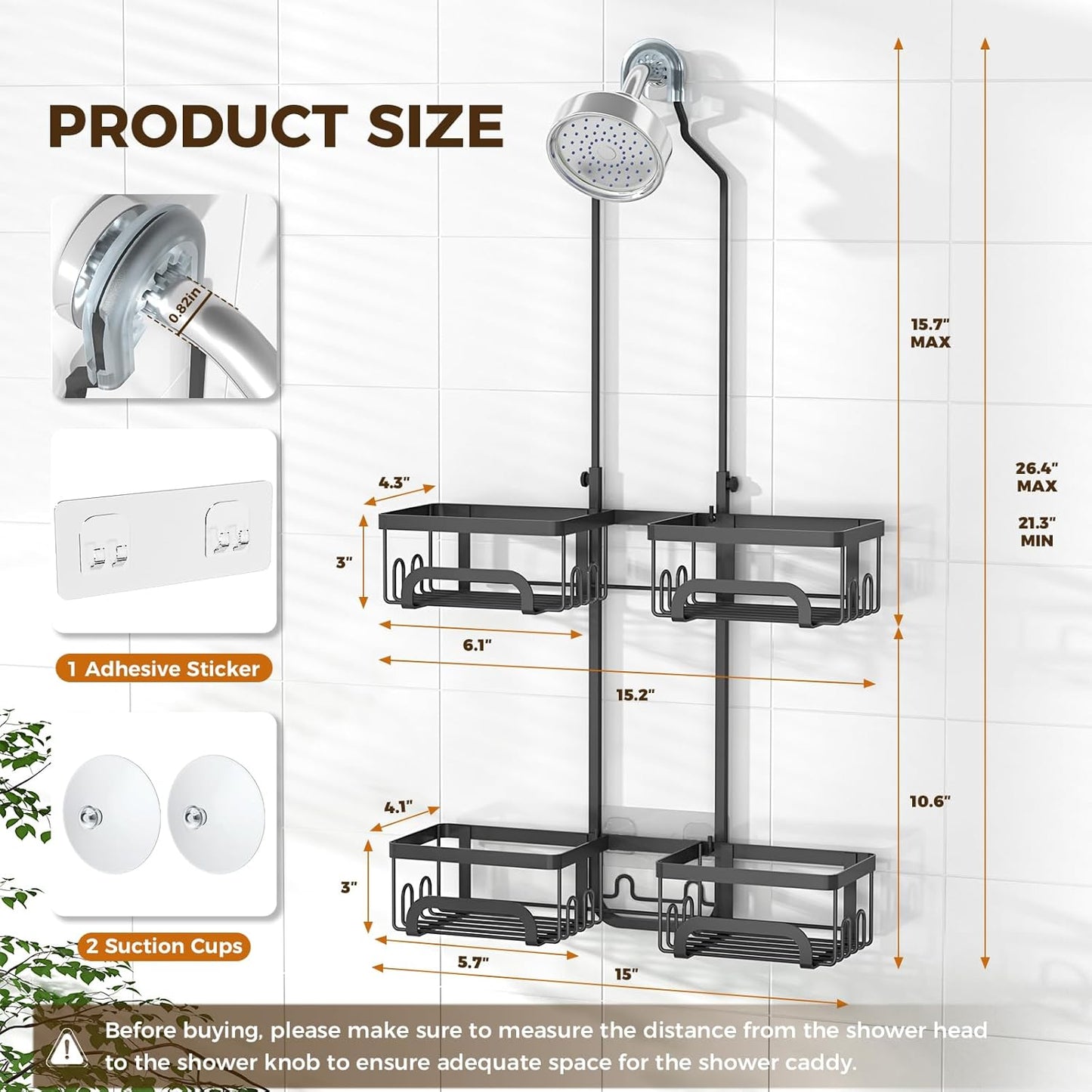 Reinhardt Adjustable Shower Caddy - Rustproof Organizer with Hooks & Soap Holder | Black