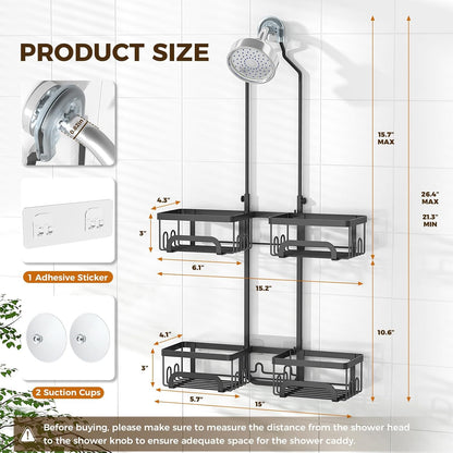 Reinhardt Adjustable Shower Caddy - Rustproof Organizer with Hooks & Soap Holder | Black