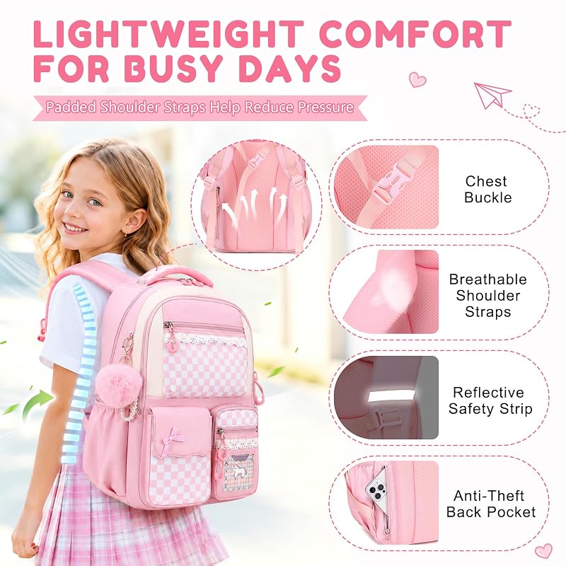 Kids School Backpack for Girls 6-14 Pink Checkerboard Variation: Pink Checkerboard