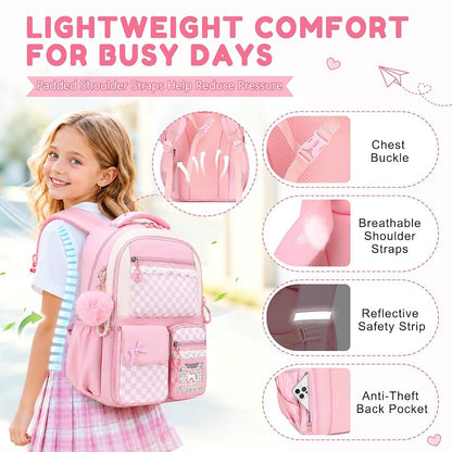Kids School Backpack for Girls 6-14 Pink Checkerboard Variation: Pink Checkerboard