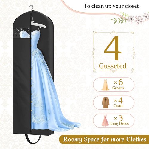 KEETDY 72" Wedding Dress Garment Bag for Travel with 4" Gusseted Long Hanging Dress Bags for Gowns for Women Garment Cover Clothes Storage for Closet, Black