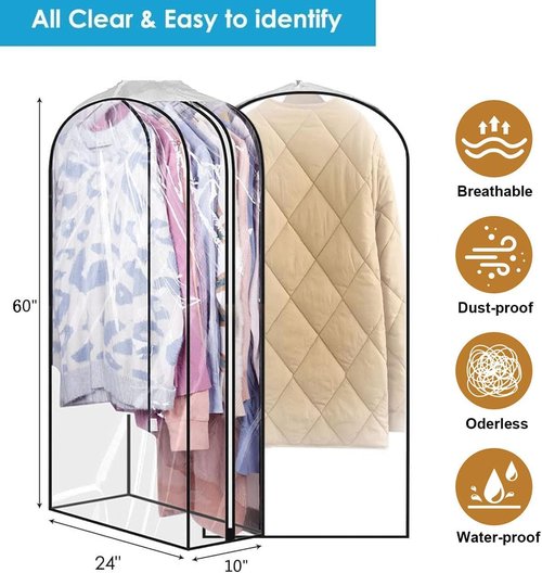 Clear Clothes Hangers - 60 Pack with Smooth Zipper | 10" Gusseted Waterproof Garment Bags for Suits & Dresses