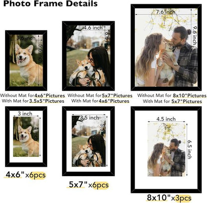 JCJMY Picture Frames Collage Set - 15 Pack Multi-Sized Wall Decor for Family Photos | Black