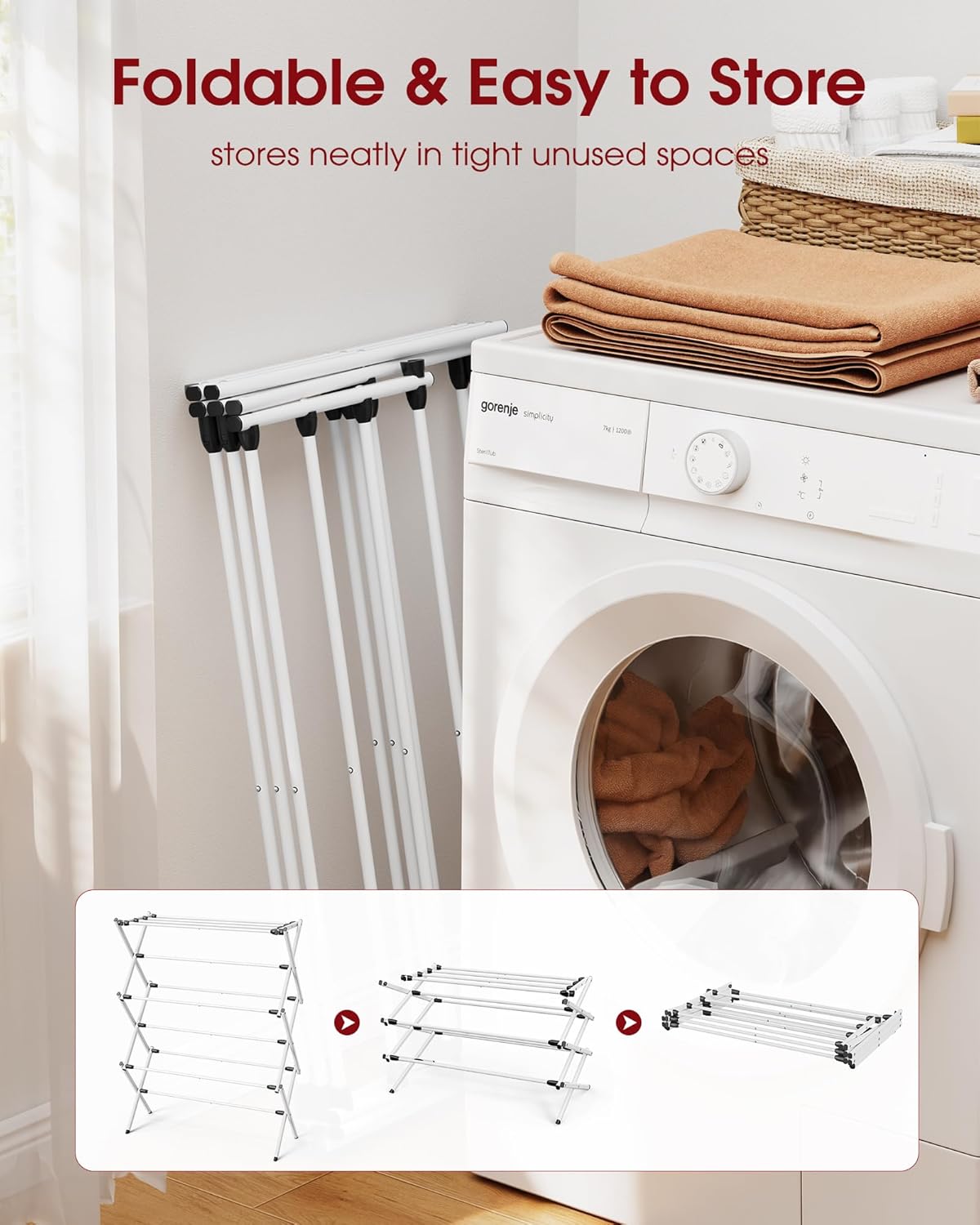 Sakugi Foldable Clothes Drying Rack - Space-Saving 3-Tier Metal Laundry Rack for Indoor & Outdoor Use | 11.4"D x 29.1"W x 37.4"H, White and Black