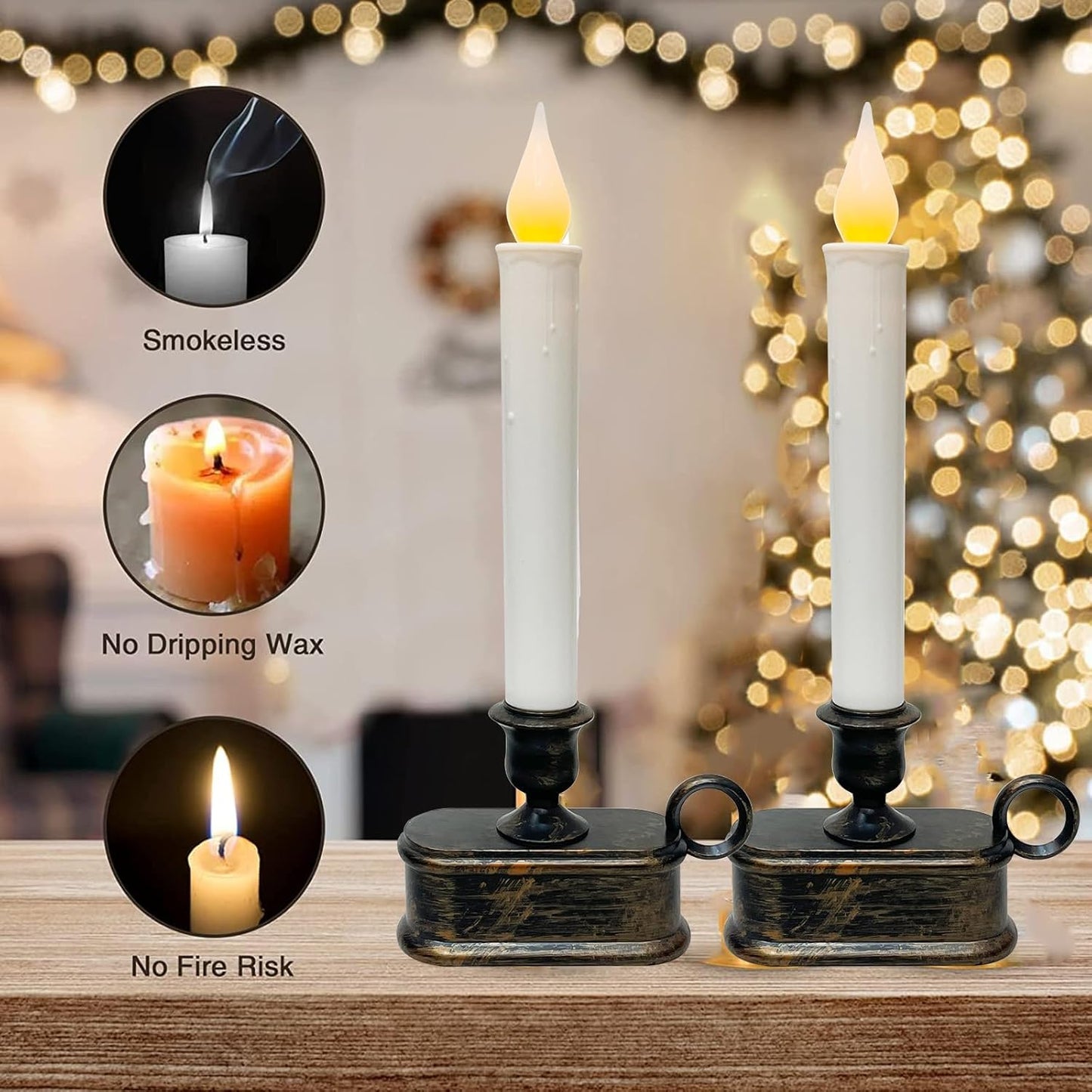 4 Pack LED Flameless Taper Candles by [Brand Name] - Dusk to Dawn Sensor, Battery Operated, Bronze Base for Christmas Home Decor