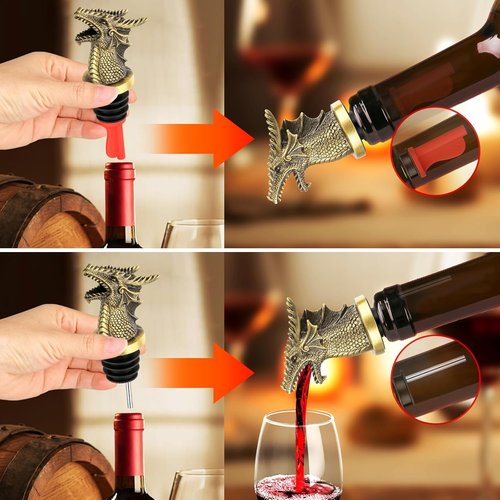LKKCHER Dragon Head Liquor Pourers Spout for Alcohol Spirits, Dragon Gifts 2-In-1 Wine Bottle Pourer and Stopper for Men Women, Wine Accessories Gifts, Bronze with Bag