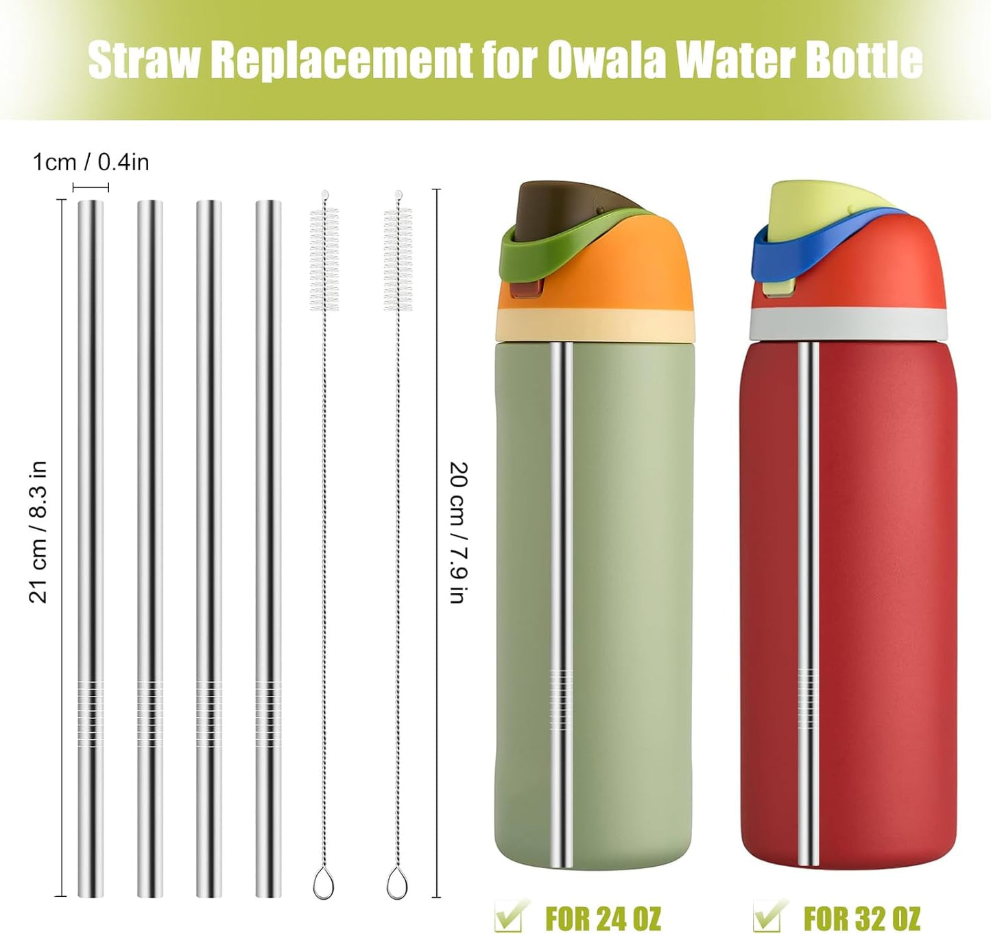 Owala Metal Straw Replacement Set - Reusable Stainless Steel Straws with 2 Cleaners | Fits 24 oz & 32 oz Bottles - 4pcs