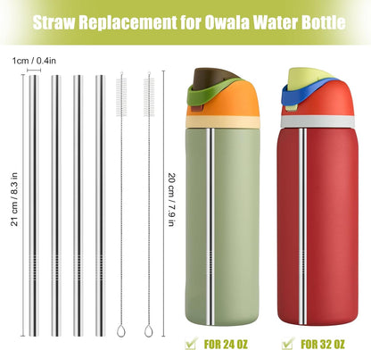 Owala Metal Straw Replacement Set - Reusable Stainless Steel Straws with 2 Cleaners | Fits 24 oz & 32 oz Bottles - 4pcs