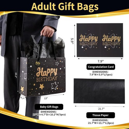 Black Birthday Gift Bag with Tissue Paper and Greeting Card, 13'x10.2'x4.9', Medium (1-Piece Set, Black Starry Sky, Unisex, Includes Card, Ribbon, Crinkle Paper)