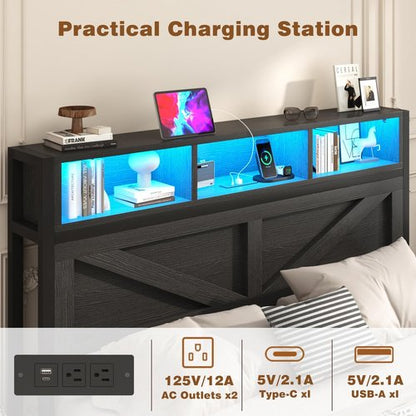 Incyneva Full Bed Frame - Farmhouse Design with Bookcase Storage, Charging Station & LED Light - Black