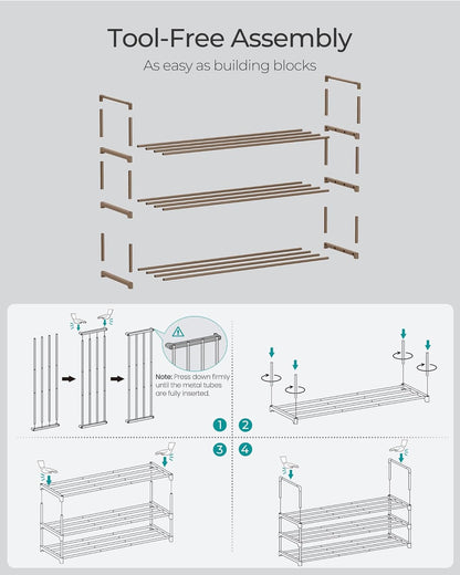 SONGMICS 3-Tier Shoe Rack - Stackable Metal Organizer for 16-20 Pairs | Walnut Brown, 11.8 x 36.2 x 21.7 Inches