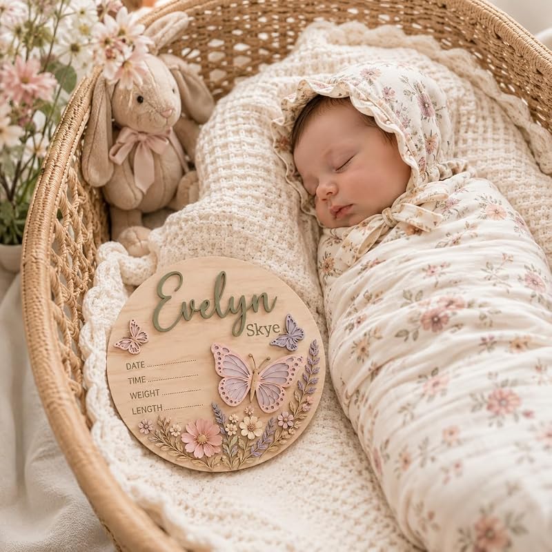 Personalized Baby Name Announcement Sign – Wooden Birth Plaque, Design 2