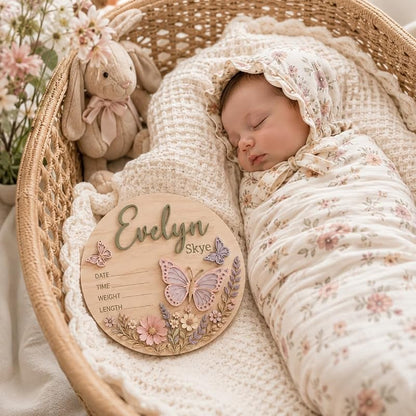 Personalized Baby Name Announcement Sign – Wooden Birth Plaque, Design 2