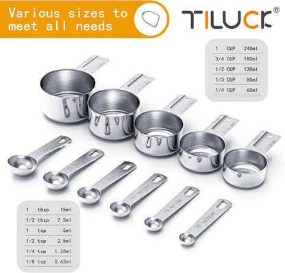 TILUCK Stainless Steel Measuring Cups & Spoons Set - Essential Kitchen Gadgets for Cooking & Baking (11 Pieces)