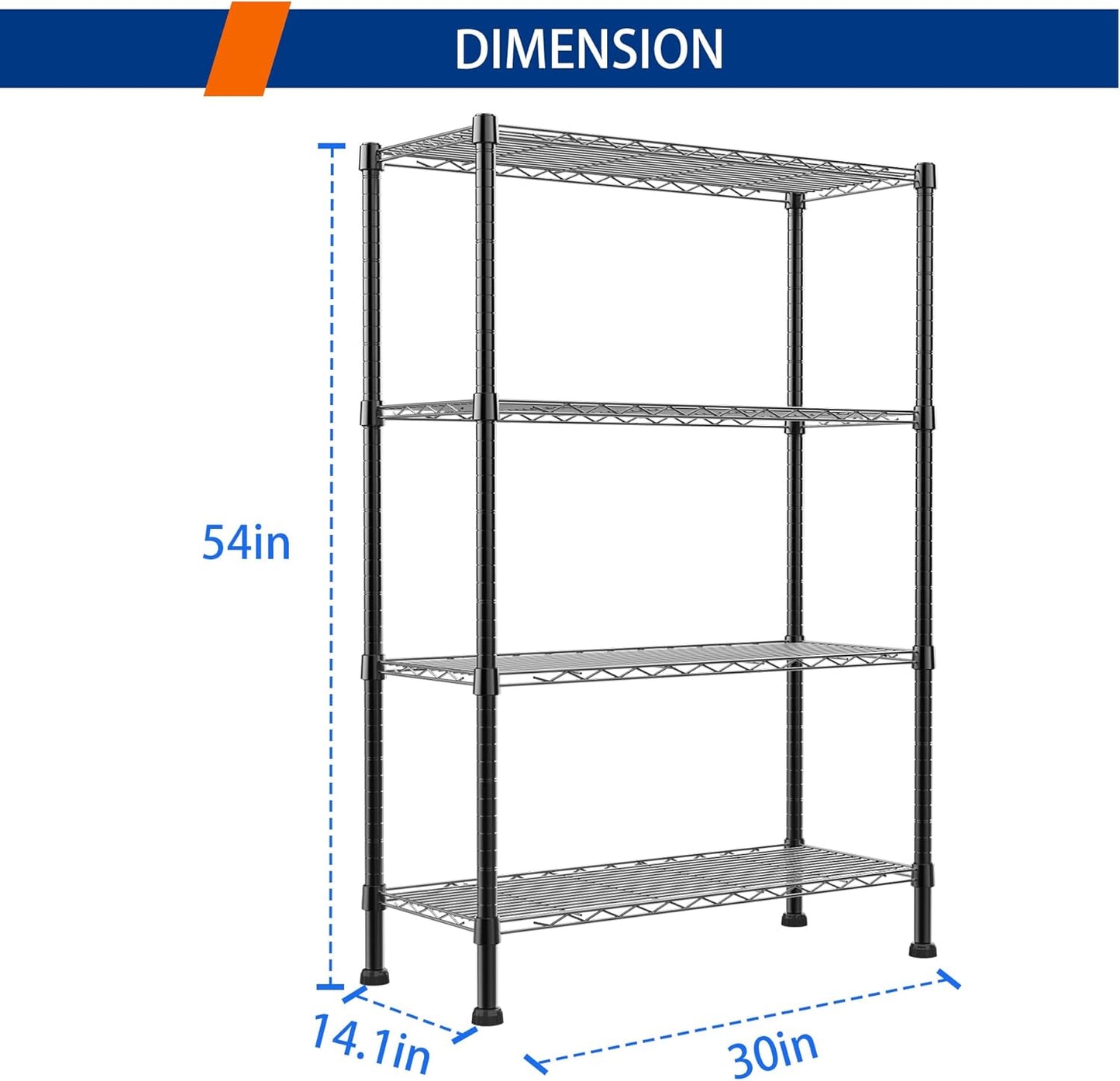 Regiller 4-Wire Metal Storage Rack - Adjustable Shelves for Laundry, Bathroom & Kitchen | Black, 14.1" D x 30" W x 54" H