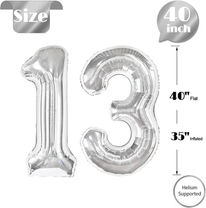 Silver Number 13 Balloon - 40 Inch 13th Birthday Decoration for Kids | Perfect Silver Party Supplies