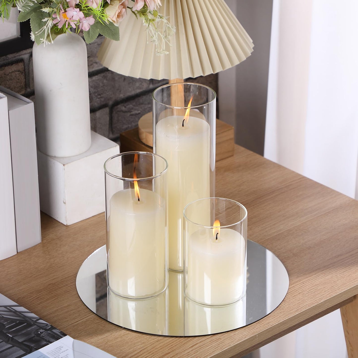 Shihanee Set of 6 Pillar Candles and Glass Cylinder Vases Clear Cylinder Holders for Slim Tall Pillar Candles Wedding Centerpieces(3.4'' x 4.7", 7", 9.8",Ivory White)