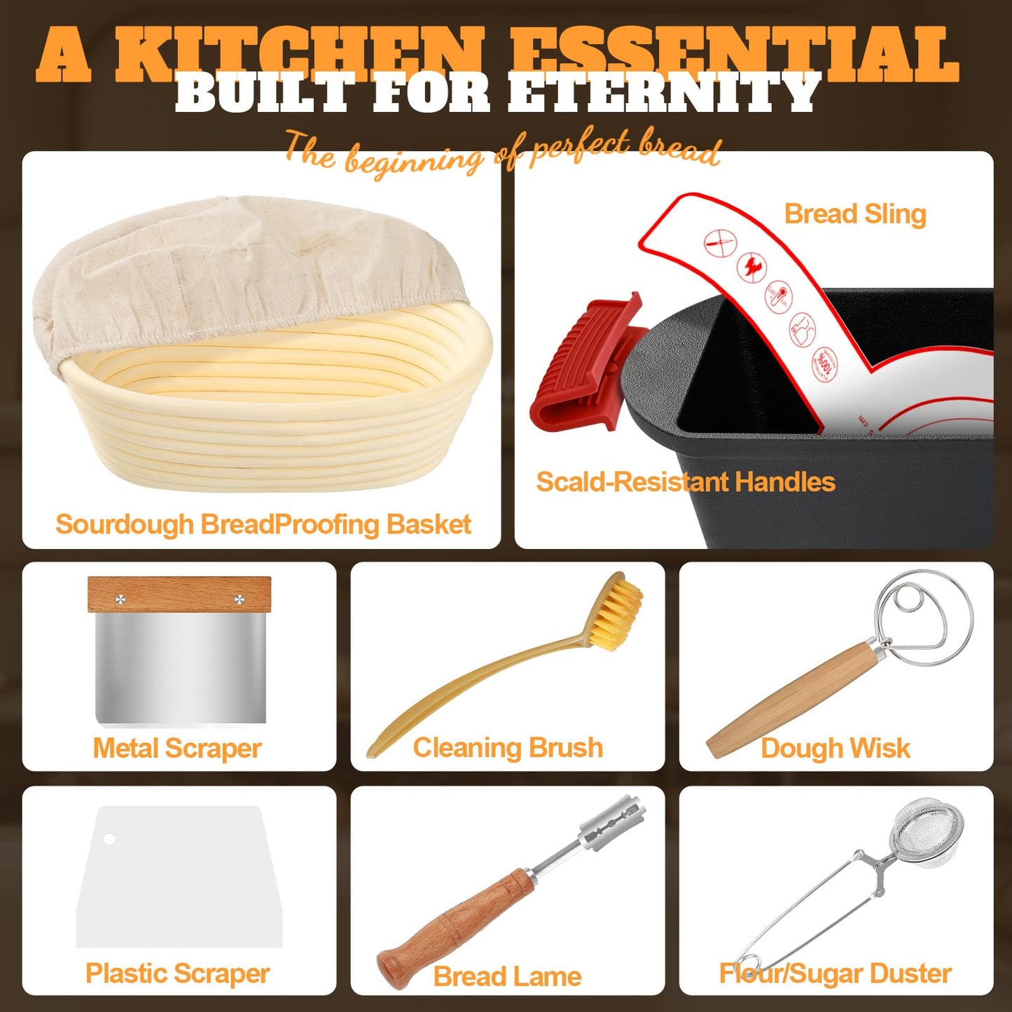 Rectangular Cast Iron Dutch Oven for Bread Baking, Cast Iron Sourdough Bread Pan with Lid Handles Lame, Even Heat Bread Baking Pan for Homemade Bread Cake Meatloaf, 3.2QT