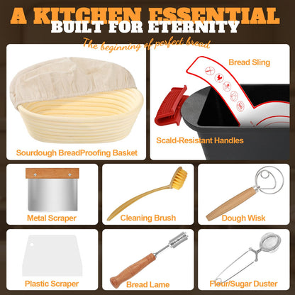 Rectangular Cast Iron Dutch Oven for Bread Baking, Cast Iron Sourdough Bread Pan with Lid Handles Lame, Even Heat Bread Baking Pan for Homemade Bread Cake Meatloaf, 3.2QT