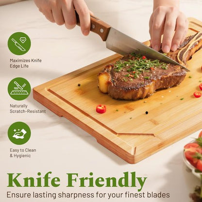 Kikcoin Bamboo Cutting Boards - 3-Piece Kitchen Set with Non-Slip Feet & Juice Grooves | Knife-Friendly Design