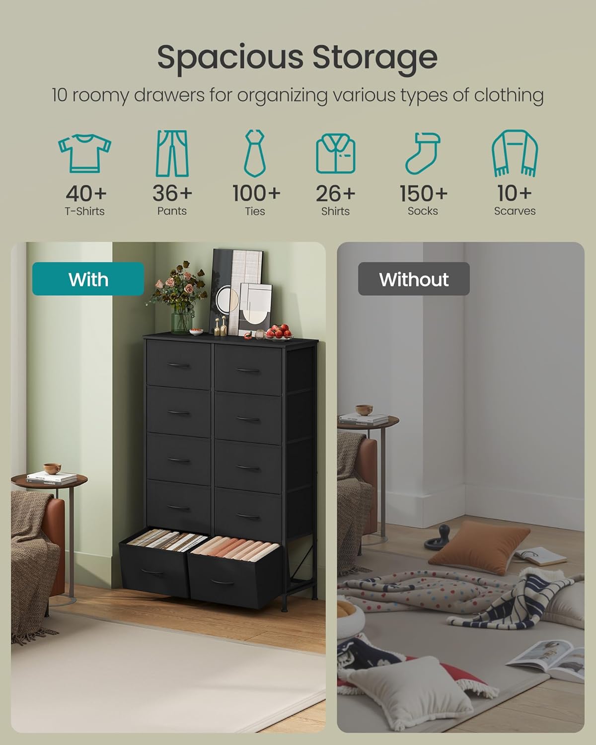 SONGMICS Dresser - Rustic Brown & Ink Black Chest of Drawers with 10 Non-Woven Fabric Storage Bins