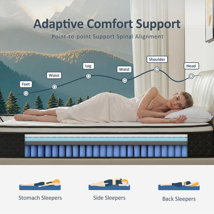 Vaeluna Queen Mattress, 12 Inch Queen Size Mattress in a Box, Hybrid Pocketed Coil Mattress, Medium Firm, Lumbar Support & Motion Isolation, Pressure Relief & Breathable Comfort