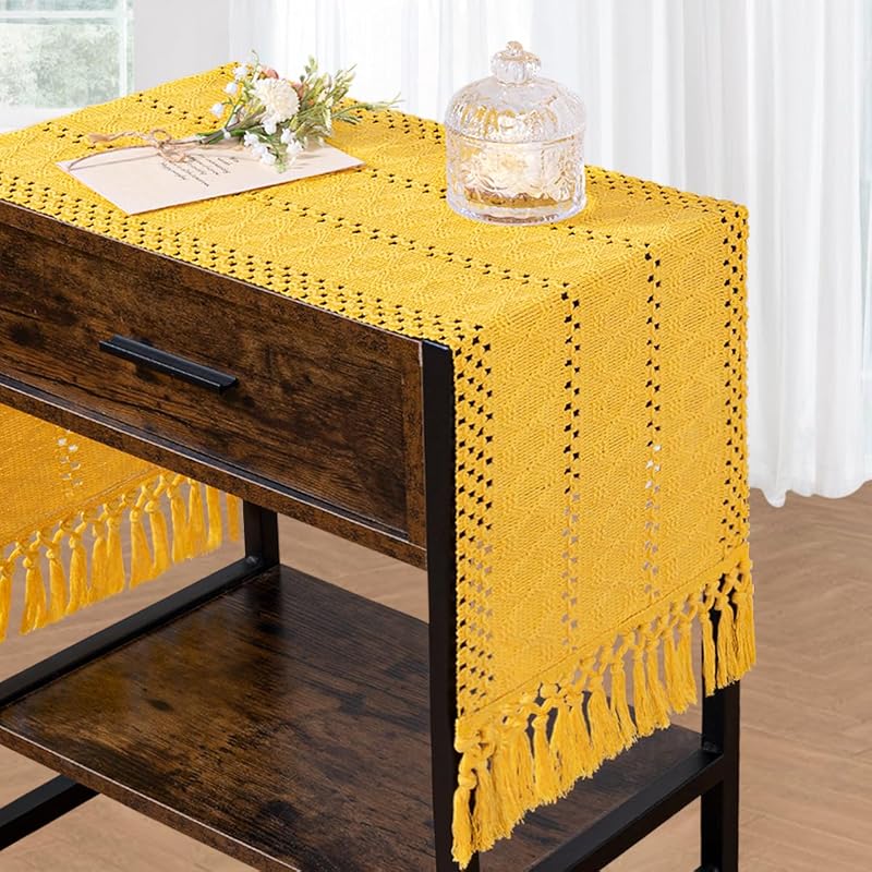 Mustard Yellow Macrame Table Runner 12 x 60 Inches with Tassels - Cotton Linen Blend, Boho Farmhouse Home Decor